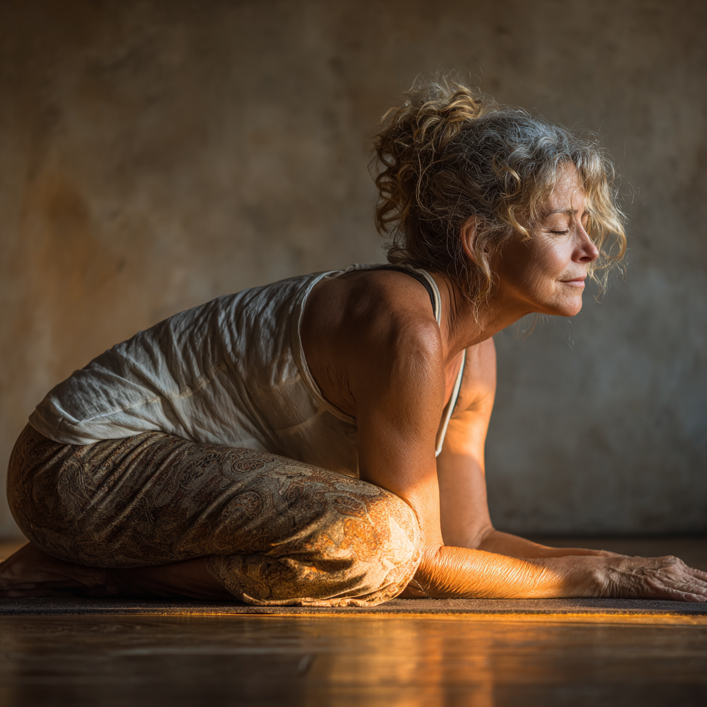 Група людей старшого віку займається йогою в парку на світанку